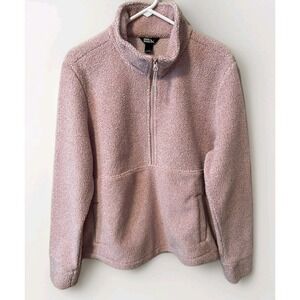 Eddie Bauer Women's Comfy Fleece Sweatshirt Pink 3/4 Zip Adj Hem Kangaroo Pocket